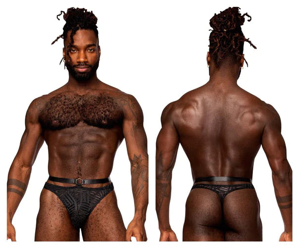 Black patterned male power 415 284 rude awakening strap thong briefs with textured mesh design for bold comfort