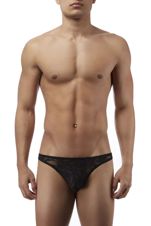 Black lace thong with stretch lace wonder bikini design in black showing sheer patterned back side detail