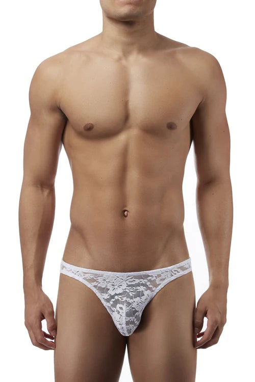 White lace thong with delicate floral pattern and snug fit from male power 491162 stretch lace wonder bikini