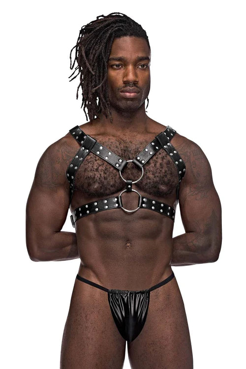 Black leather harness with silver studs and metal rings male power 591-266 leather gemini harness color black