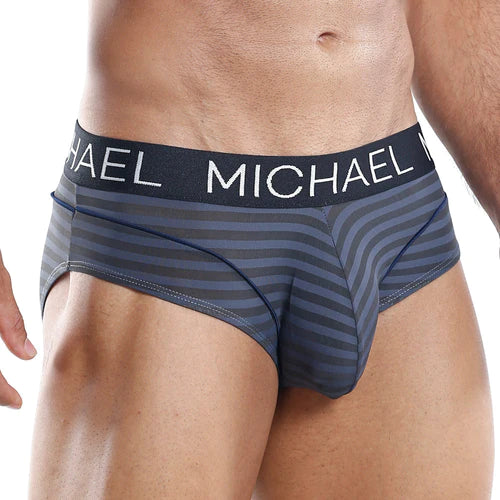 Men’s dark gray and navy blue striped michael MLH010 briefs with black waistband and white michael logo for stylish comfort