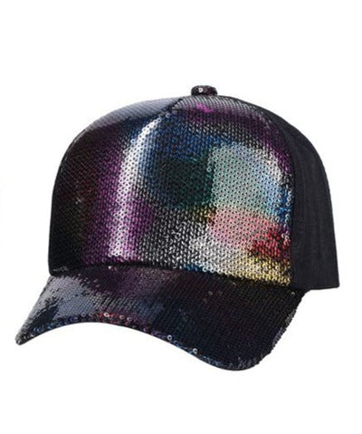 A black baseball cap with a shimmering iridescent sequin front panel in purple blue and pink hues from nima