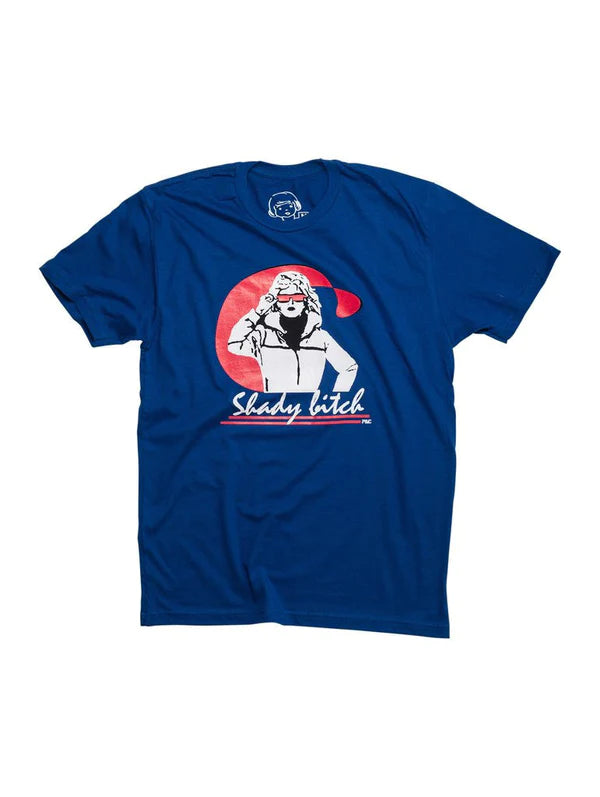 Royal blue fitted men’s unisex t-shirt with short sleeves featuring a retro graphic woman and shady bitch text