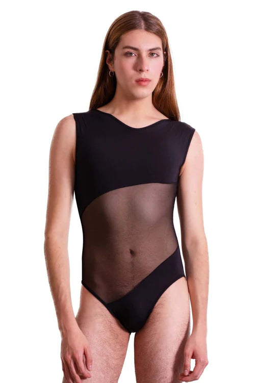 Black plural pl002 bodysuit featuring sheer mesh panel across the torso in a sleek one-piece swimsuit design