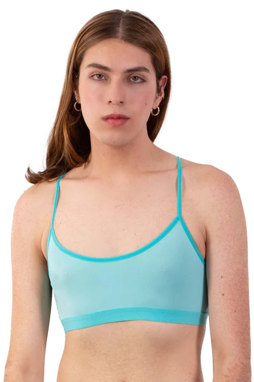 Turquoise seamless sports bra with thin straps and ribbed trim featured in plural pl005 top color mint green article