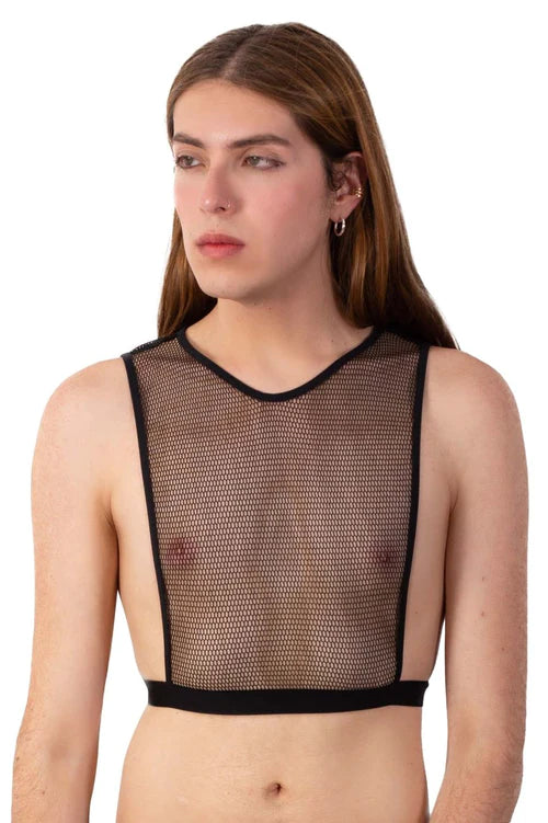 Black mesh crop top plural pl007 with rounded neckline and elasticated waistband in black color