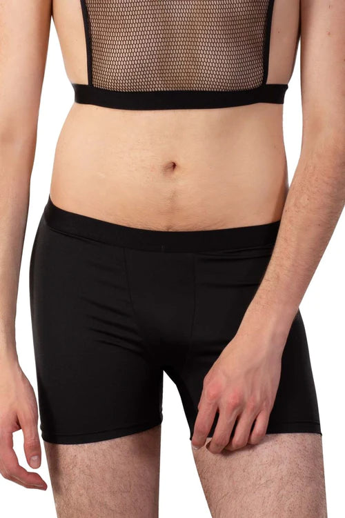 Black mesh top with black elastic waistband and matching shorts from plural pl008 trunks color black collection for men