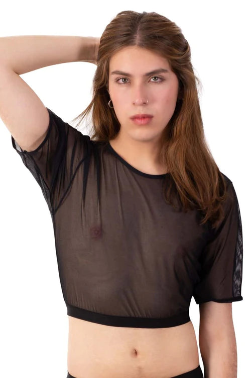 Black sheer mesh crop top plural pl009 with short sleeves and solid black trim around the hem in black color