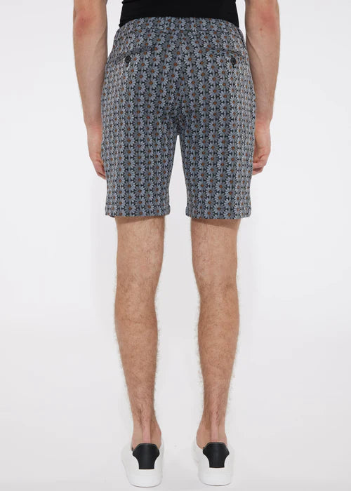 Blue and white geometric patterned jacquard stretch knit chino shorts perfect for versatile wardrobe styling