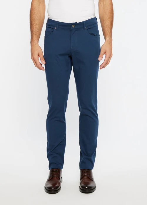 Navy blue slim-fit textured 5 pocket stretch woven chino pants showcasing sophisticated casual wear style.