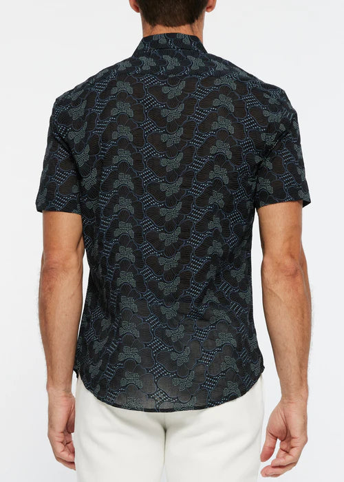 Dark navy short-sleeved button-up shirt with subtle geometric wave pattern in gray and black for stylish casual wear