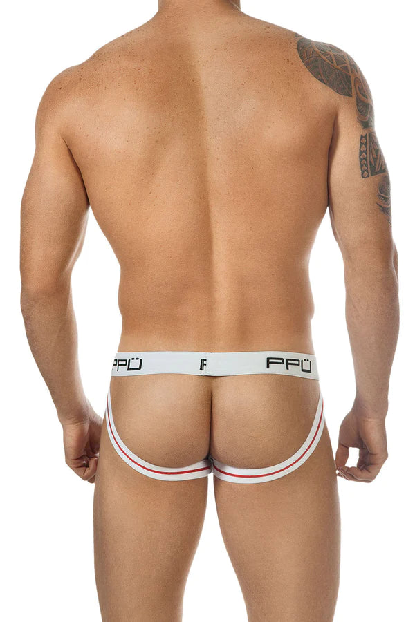 White ppu branded briefs with red and white trim showing front side complementing gray ppu 0965 jockstrap style and support