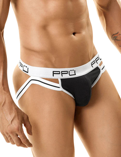 Black and white PPU branded briefs with a sleek modern design offering style support and comfort in white-black color