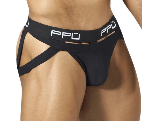 Black ppu brand briefs with sleek form fitting design and distinctive cutout details for style and comfort