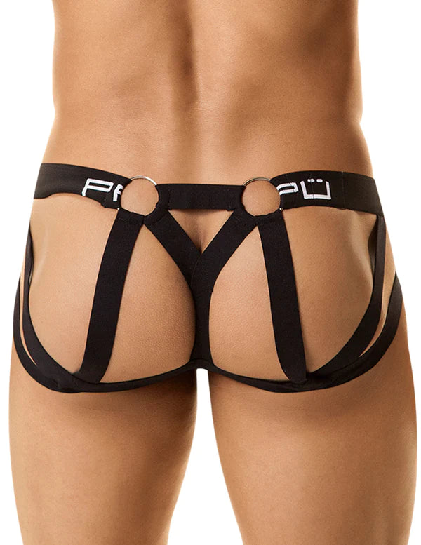 Black leather-like harness-style briefs with white logo branding from ppu 1305 jockstrap collection
