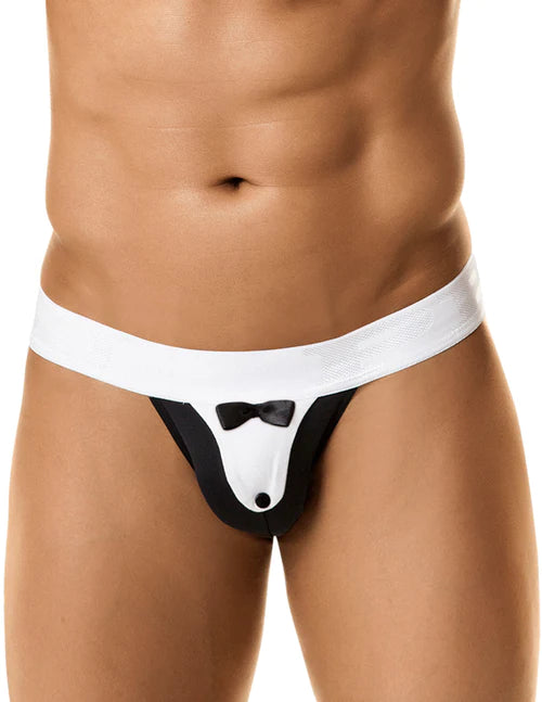 White and black tuxedo-themed thong with bow tie detail in polyester blend for elegant lingerie wear