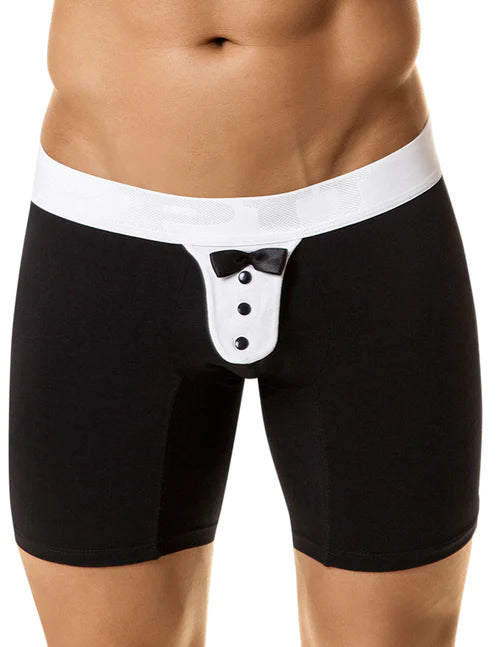 Black men’s tuxedo boxer briefs in black and white with a white waistband, front buttons, and bow tie design