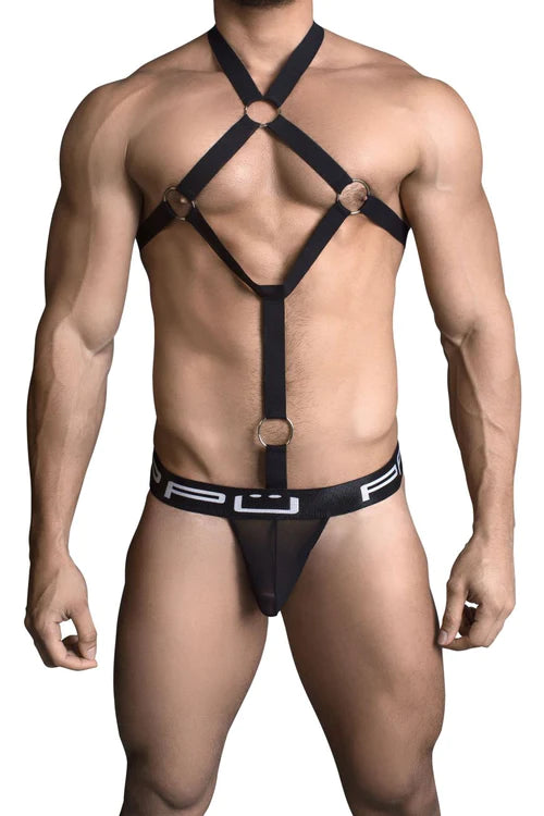 Black leather harness thong with gold-toned metal rings and branded waistband perfect for style and comfort