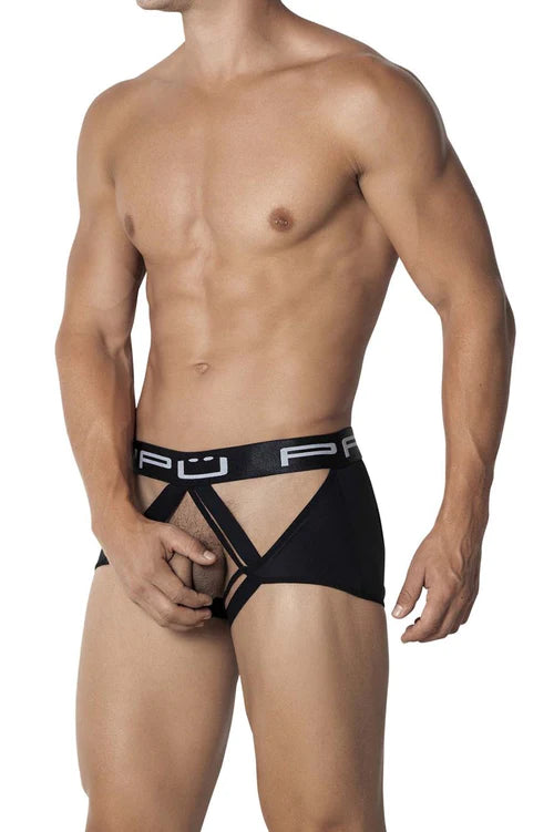 Black pu brand men’s briefs with a distinctive cutout design and elastic waistband featured in ppu 2102 protuder trunks