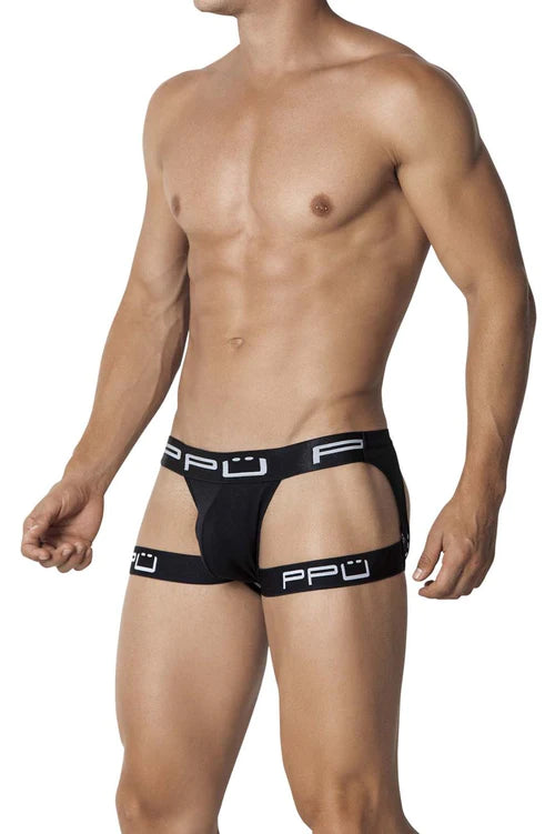 Black ppu brand briefs with logo on waistband and leg openings featuring sporty and sexy design details