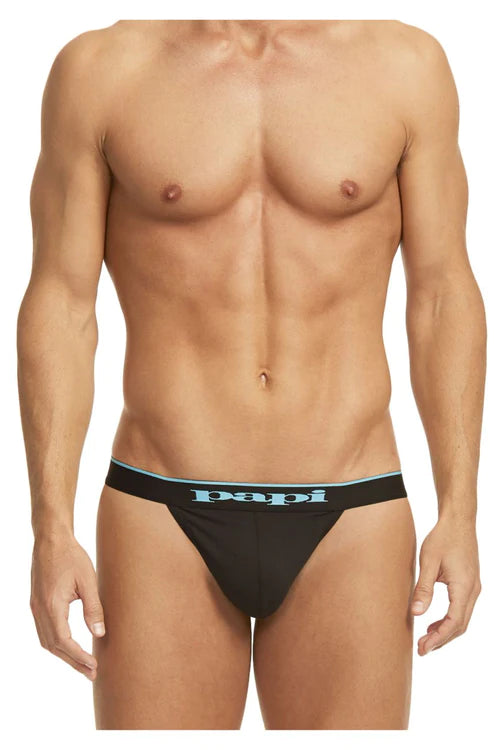 Black papi brand cotton stretch briefs in black with light blue trim and logo on the waistband