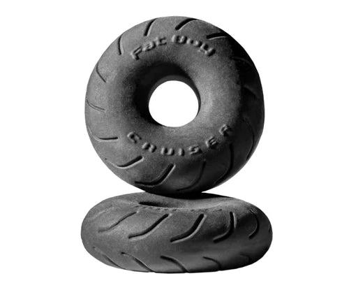 Black rubber tire-shaped cock ring with fat dog cruiser embossed on the sidewall for ultimate comfort