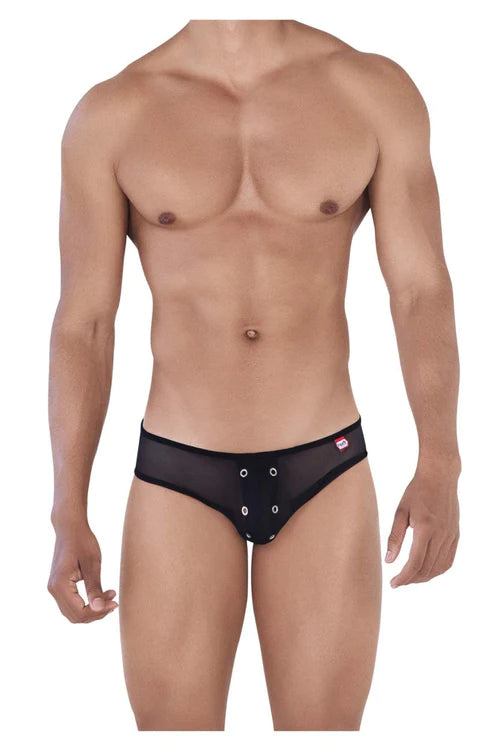 Black mesh Pikante PIK 0341 Wallace jockstrap briefs with white circular eyelets and red logo on the waistband