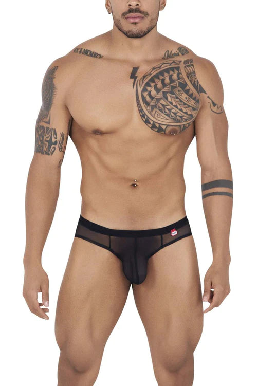 Black sheer mesh briefs with solid black waistband and small red logo side detail perfect for sleek sensual wear