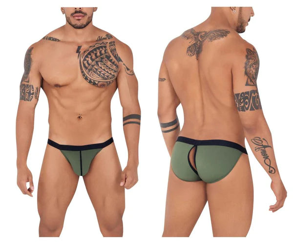 Olive green athletic briefs with black trim and a distinctive back cutout in the sensational pikante pik 0840 virgin bikini