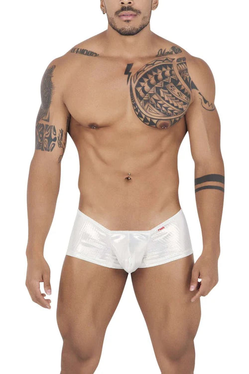 White shiny metallic finish briefs with central seam and red logo on left hip featured in pikante pik 0846 ocean trunks gold article