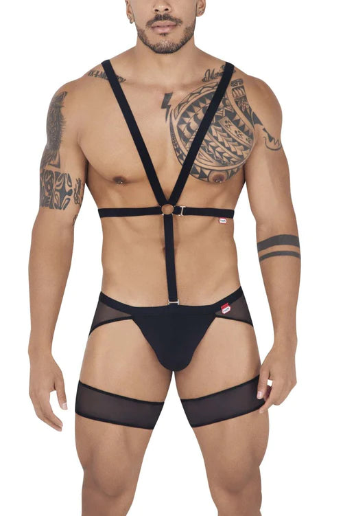 Black harness-style lingerie with mesh panels and adjustable straps shown from the back in pikante pik 0848 single thongs