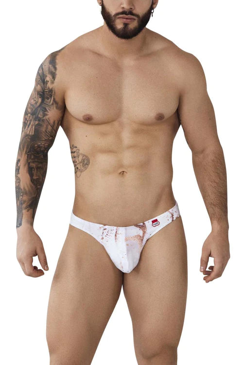 White briefs with red splatter design and small waistband logo featured in pikante PIK 1006 tarento thongs light pink article