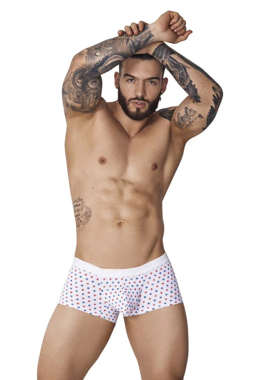 White briefs pikante pik 1071 blaze trunks with subtle small red and blue dot pattern in white color