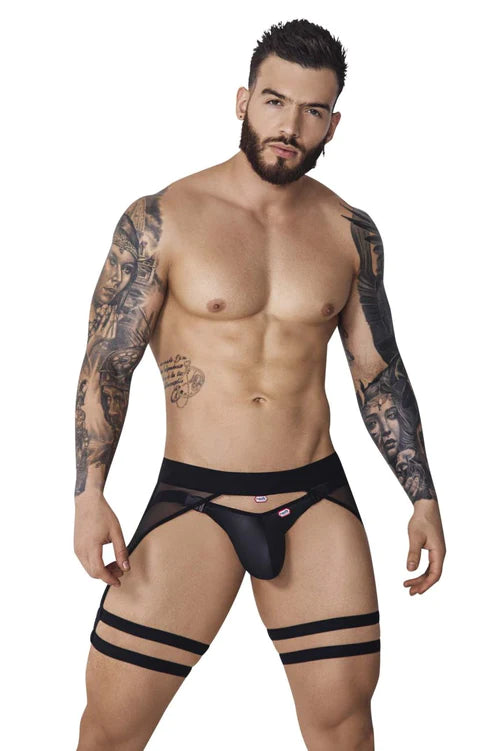 Black mesh and solid fabric briefs with three horizontal straps on each leg from pikante pik 1085 hard garter jockstrap