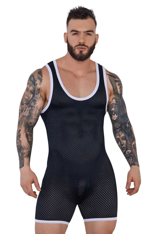 Black mesh wrestling singlet with white trim from pikante pik 1285 montreaux bodysuit collection in black
