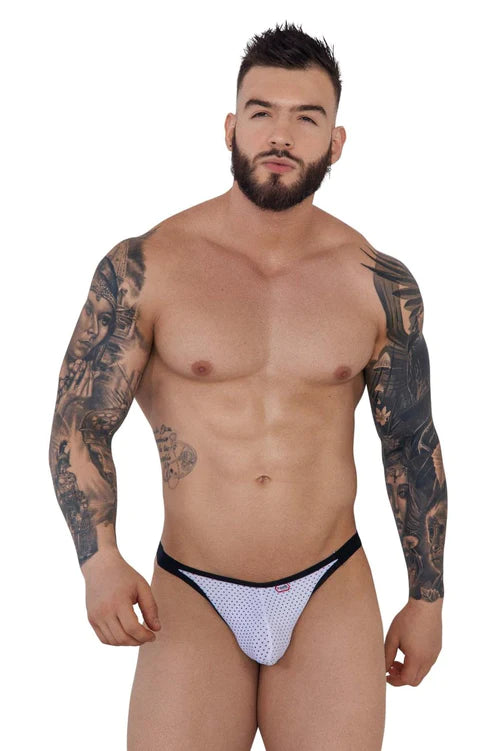 White mesh briefs with black trim and small red logo side detail from pikante pik 1286 montreaux thongs collection