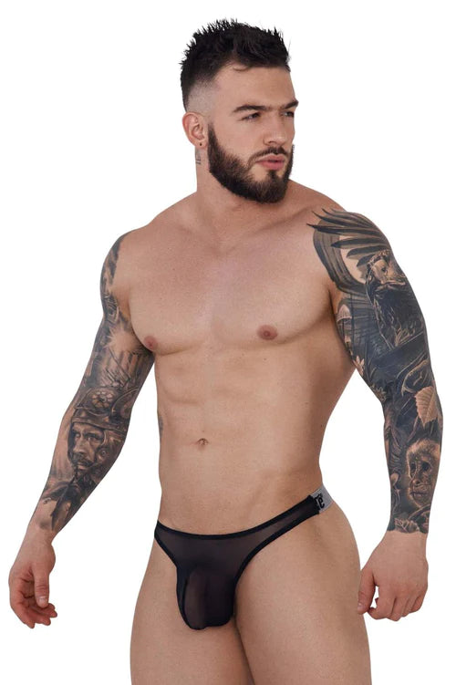 Black sheer mesh thong with small gray logo on waistband part of pikante creamfieland thongs collection