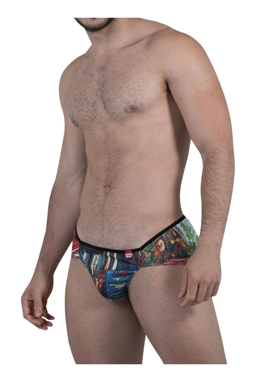 Men’s colorful comic book-themed briefs with black elastic waistband in red for sporty modern wear by pikante
