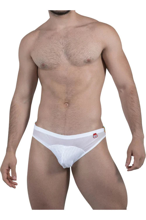 White mesh briefs with a red pikante logo on the waistband from the pikante pIK 9293 unique jockstrap collection