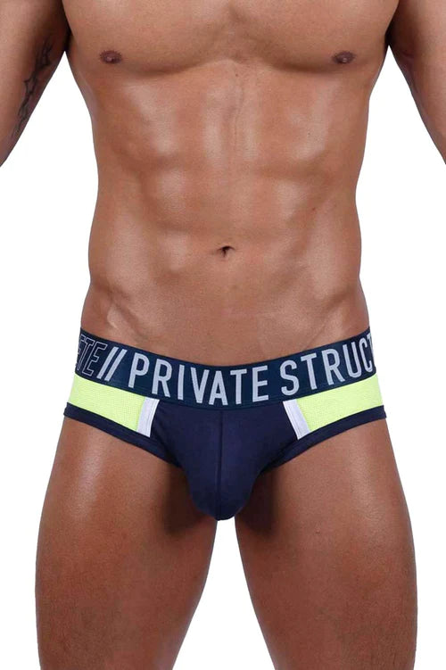 Navy blue and neon yellow Private Structure athlete mini briefs with white trim and branded waistband for activewear.