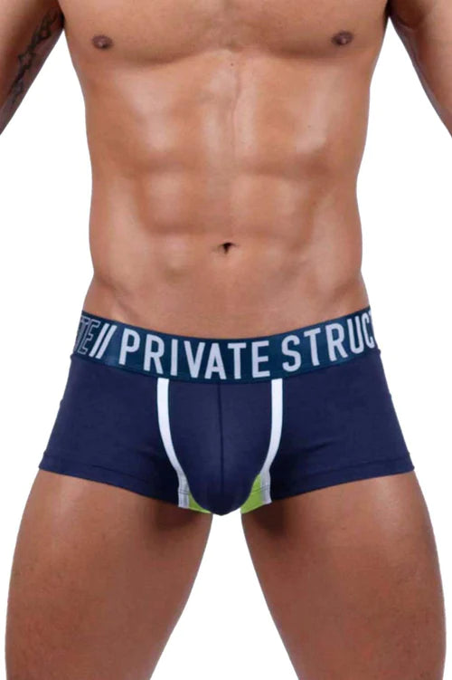 Navy blue men’s briefs with white and lime green trim and private structure waistband logo for athletic support