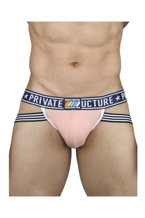 Pink men’s briefs with navy waistband white stars private structure branding and three stripes from pride jockstrap lemonade pink collection