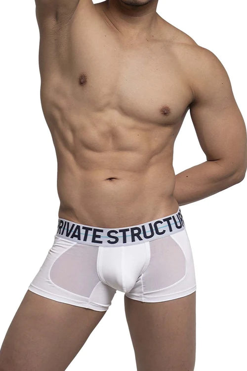 White men’s boxer briefs with sheer mesh panel and black private structure waistband from momentum orange trunks color white