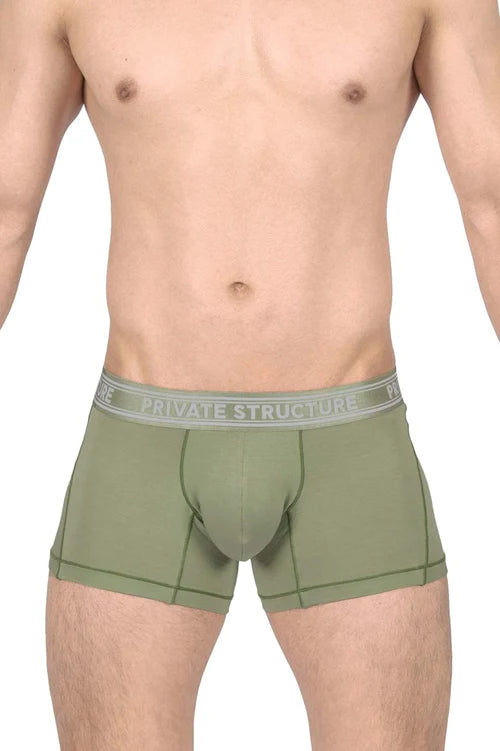Olive green men’s bamboo boxer briefs with gray waistband and private structure logo for comfortable wear