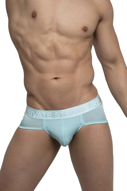 Light blue mesh private structure PBUZ3748 platinum bamboo contour briefs with white elastic waistband and logo