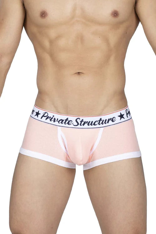 Pink men’s briefs with white trim and black private structure logo band in baby blush color for comfortable wear