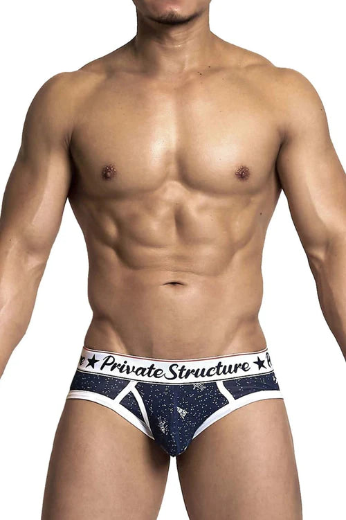 Navy blue and white patterned men’s briefs with private structure branding on waistband in classic mini brief style