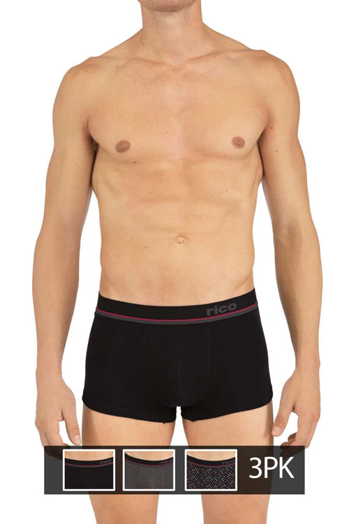Black men’s boxer briefs with red and gray striped waistband featuring rico logo in black-gray color scheme