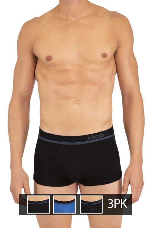 Black rico boxer briefs with a dark gray elastic waistband featured in the rico 250109 3pk brazilian trunks pack