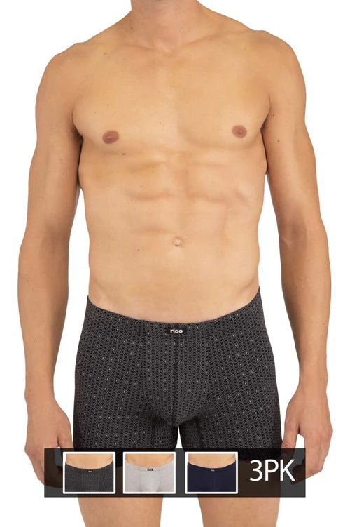 Black patterned boxer briefs with subtle geometric design and rico embroidered on waistband from rico 250709 3pk stripes collection